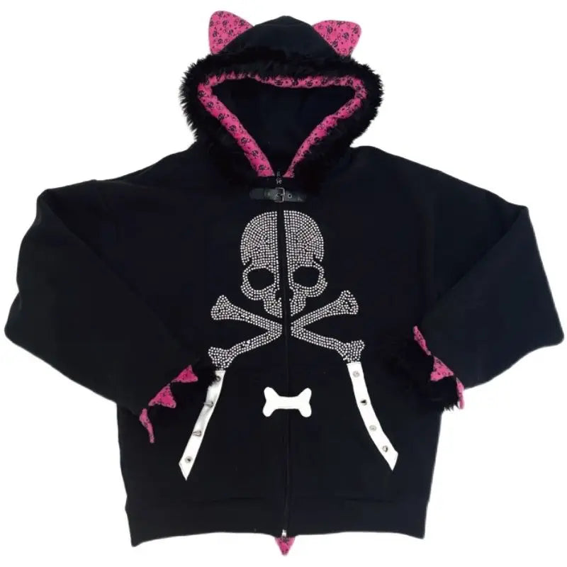 Crystal Skull Punk Emo Hoodie black pink coat One Size Shoptery
