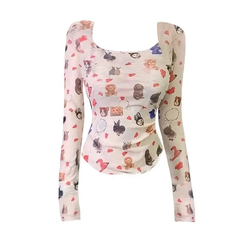 Pet Parade Mesh Long Sleeve Kawaii Top ptoto color Shoptery