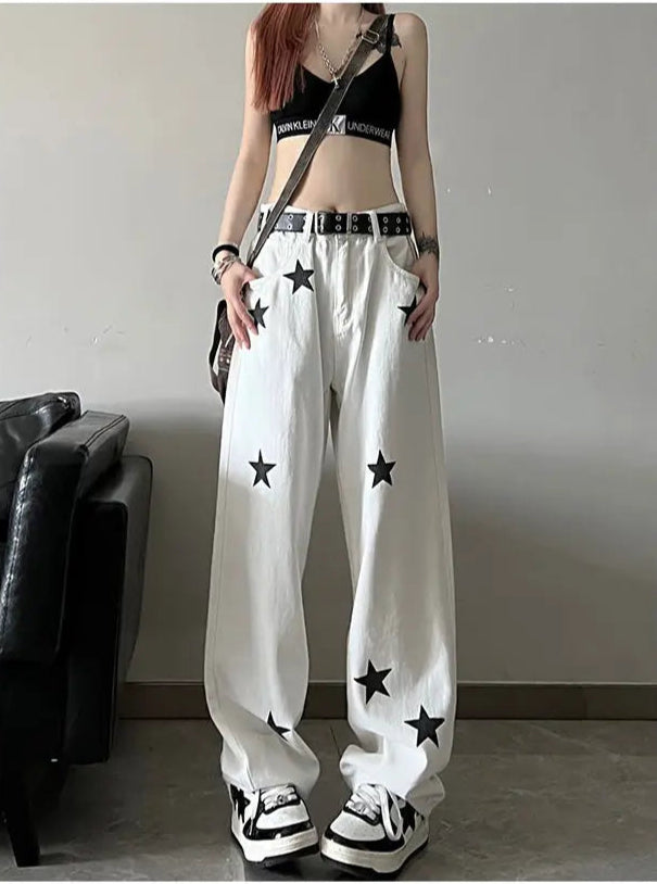Y2k Star Print High Waist Jeans White Shoptery