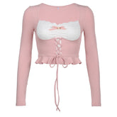 Coquette Pink Patchwork Long Sleeve Top Pink Shoptery