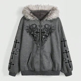 Fallen Grace Cross Zip Hoodie Dark Gray Shoptery