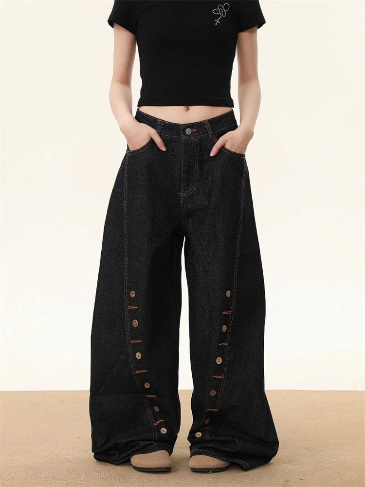 Button Detail Wide-Leg Jeans Shoptery