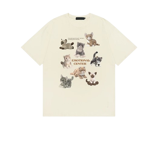 Aesthetic Cat Save World Cartoon T-shirt Beige Shoptery