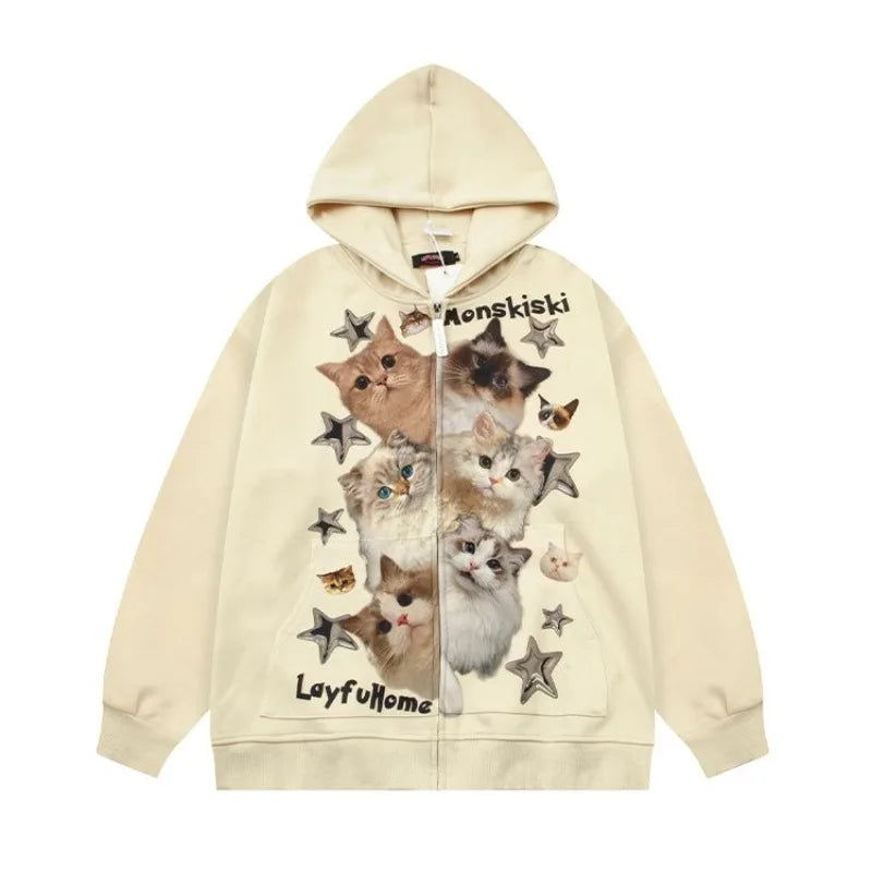 Meow Galaxy Zip Hoodie Apricot Shoptery