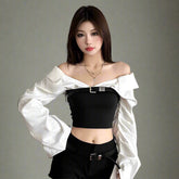 Monochrome Buckled Edgy Off-Shoulder Long Sleeve Crop Top Picture Color Shoptery