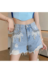 Y2k Pearl Bow Embellished Denim Shorts Blue Shoptery