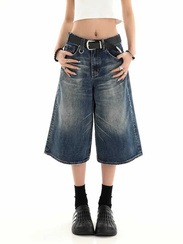 Washed Downtown Y2k Denim Shorts Retro Blue Shoptery