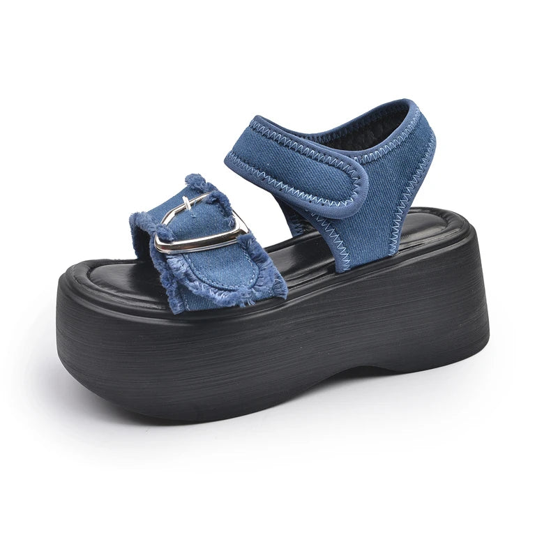 Aesthetic Y2k Denim Heart Buckle Sandals Blue Shoptery