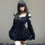 Jirai Kei Black Gothic Cross Lace Cold-Shoulder Mini Dress Set
