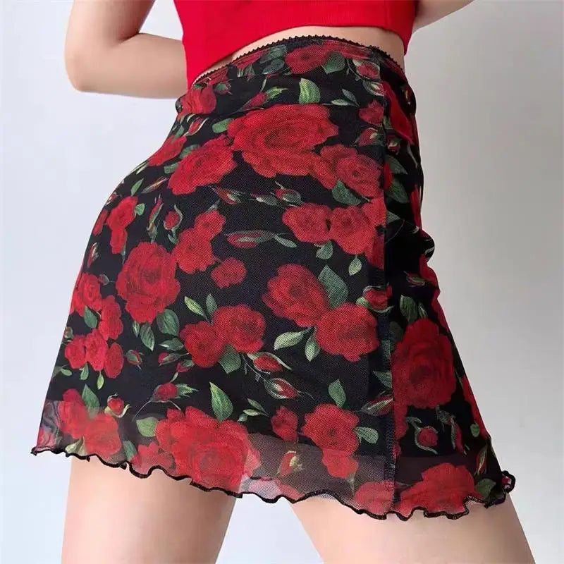 Coquette Crimson Bloom Sheer Skirt Shoptery