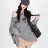 Shattered Threads Y2k Distressed Sweater GRAY One Size Shoptery
