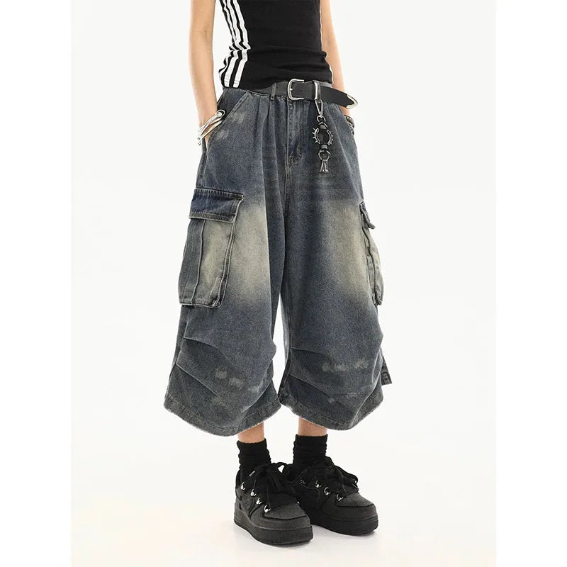 Industrial Punk Utility Y2k Jeans Shorts Blue Shoptery