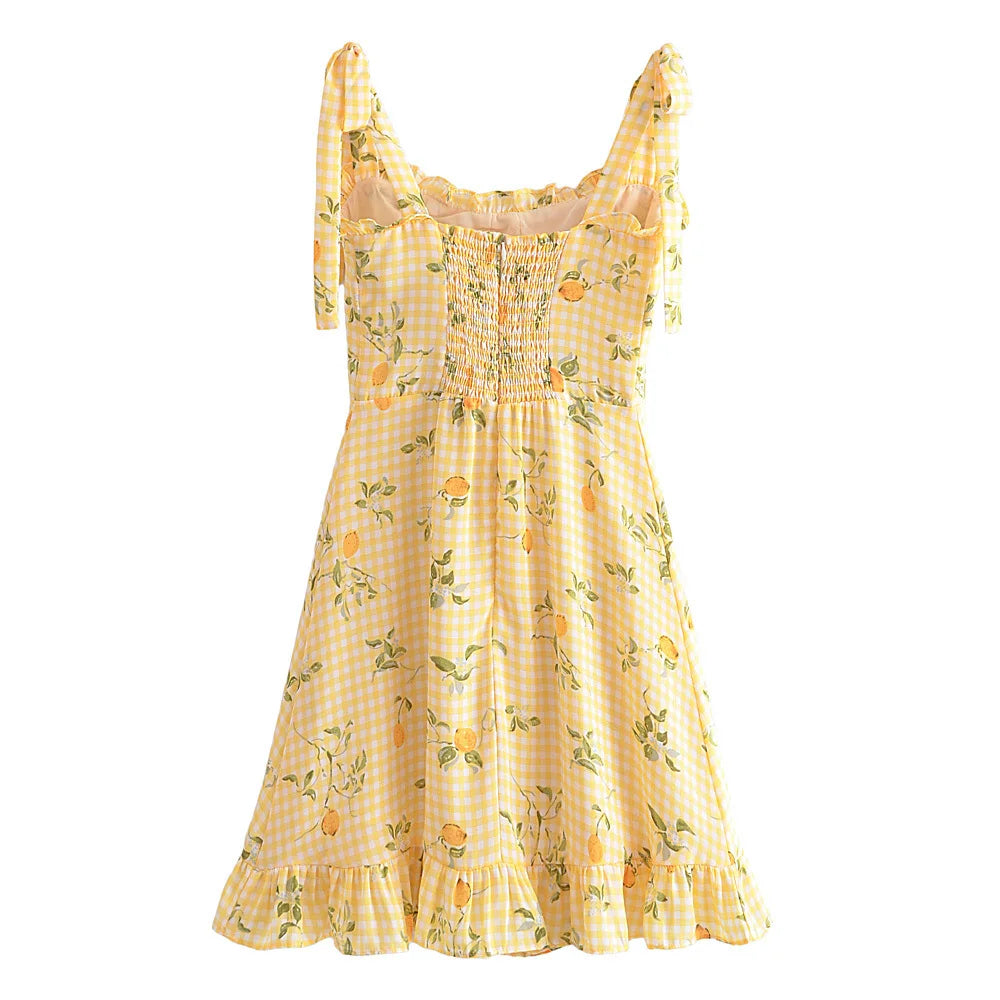 Retro Lemon Print Plaid Dress Shoptery