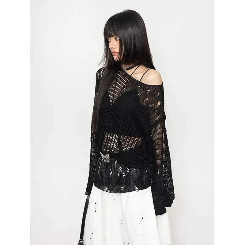 Void Wings Distressed Alt Mesh Sweater black Shoptery