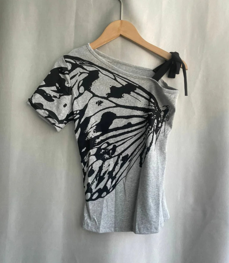 Monochrome Monarch One Shoulder Edgy Top Gray Shoptery