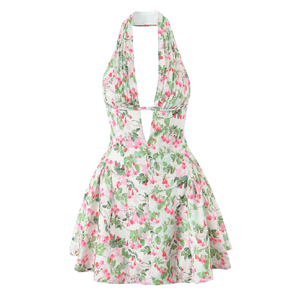 Retro Blossom Valley Halter Dress as picture Shoptery