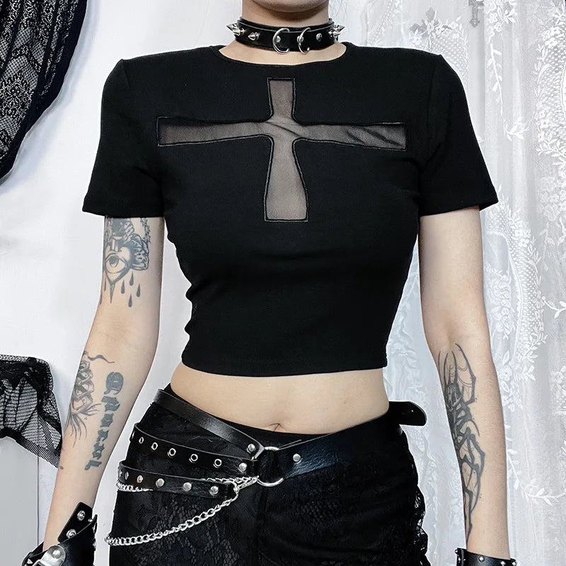 Hexed Mesh Panel Alt Goth Top Shoptery