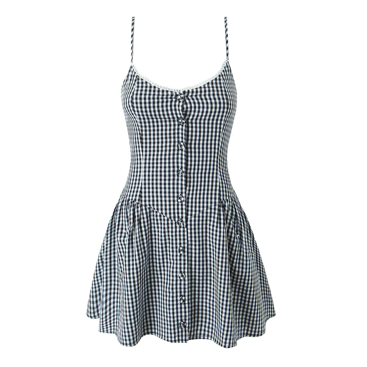 Retro Gingham Lace Button Dress black Shoptery