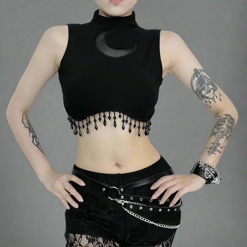 Moonshade Beaded Turtleneck Alt Crop Top black Shoptery