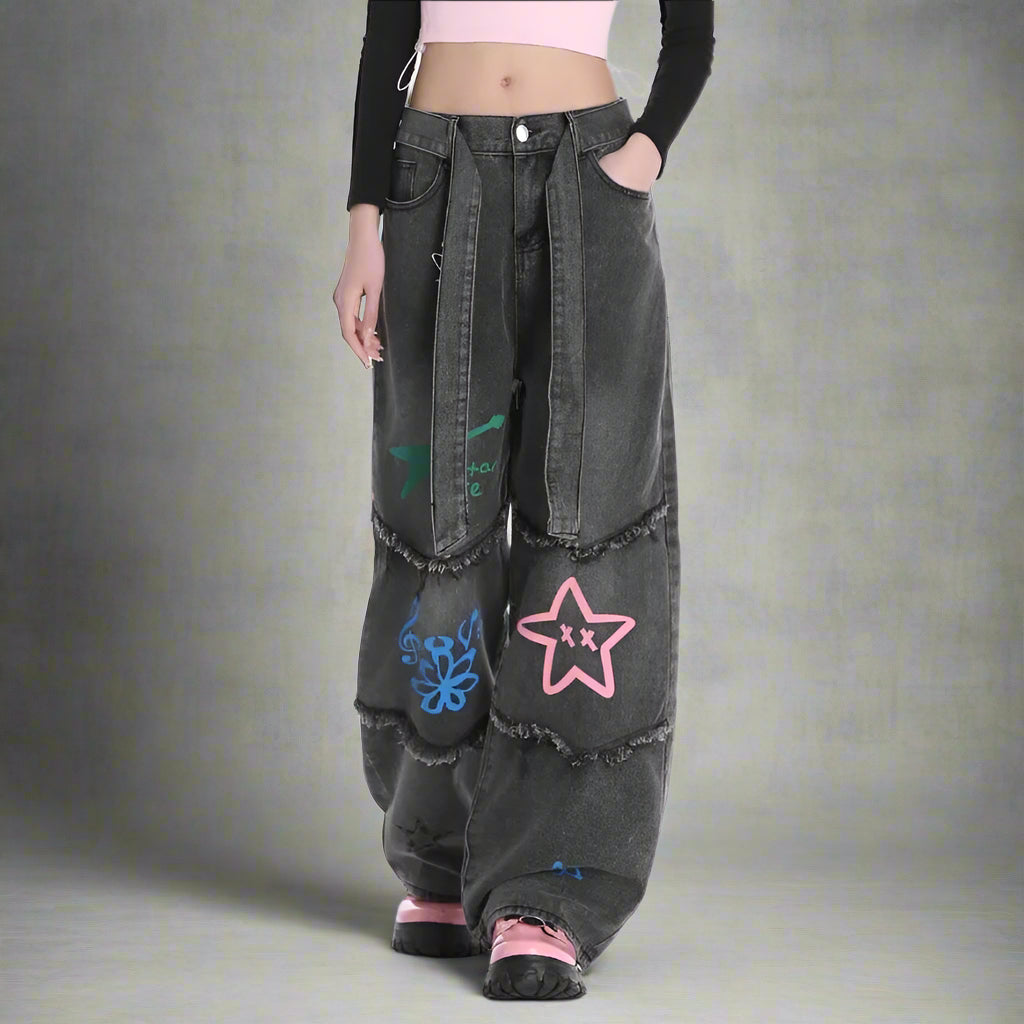 Starlit Chaos Patchwork Y2k Jeans Dark Grey Shoptery