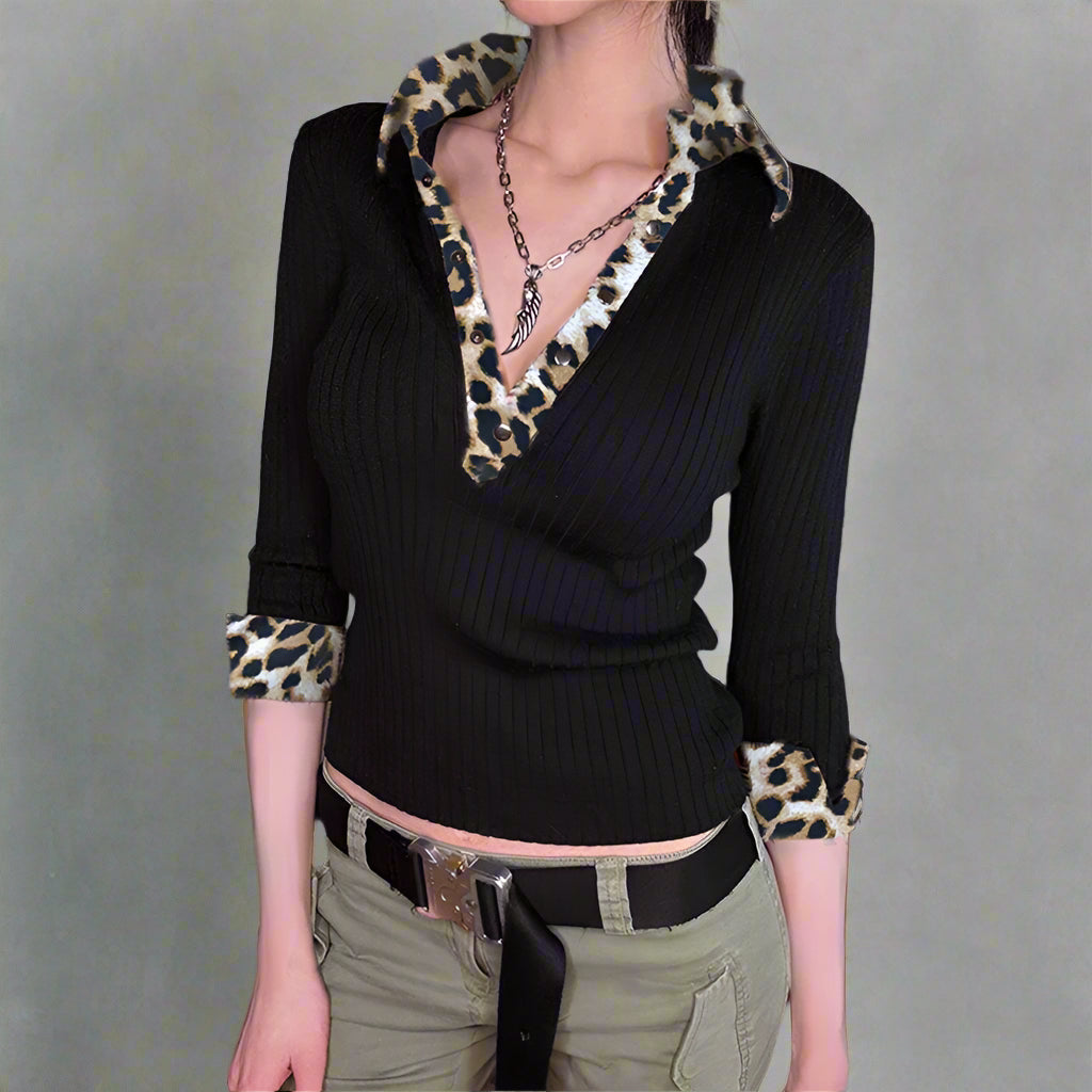 Leopard Aesthetic Long Sleeve Knit Top Black Shoptery