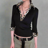 Leopard Aesthetic Long Sleeve Knit Top Black Shoptery