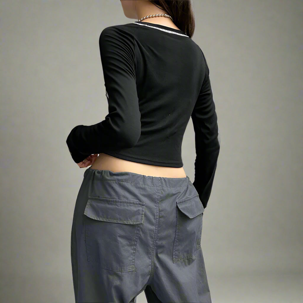 Speedcore Contrast Stitch Y2k Long Sleeve Top Shoptery