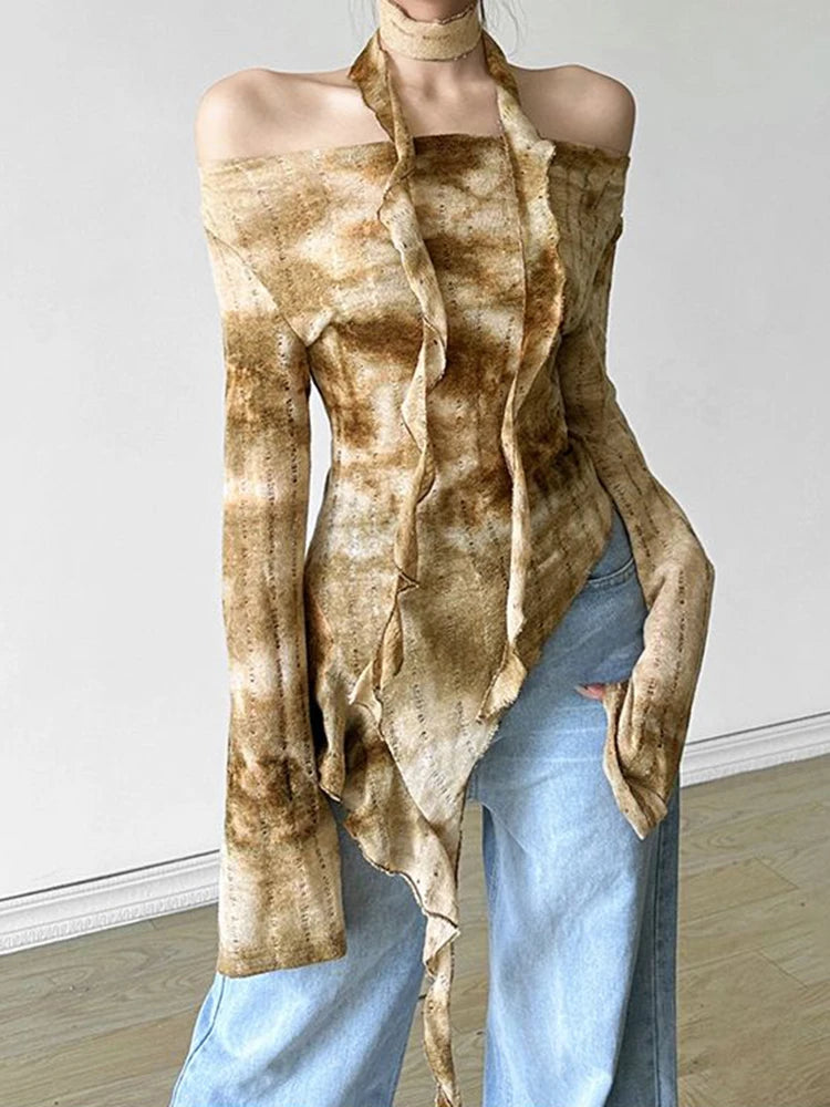 Ruin Drape Witch Y2k Blouse Light brown Shoptery