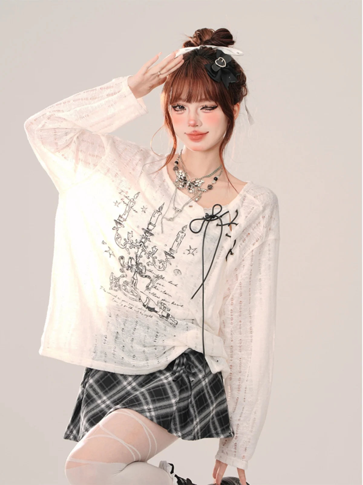 Chandelier Dreams Layered Edge Long Sleeve Top WHITE Shoptery