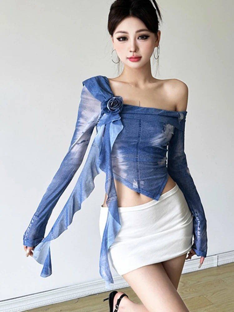Cloud Wash One-Shoulder Coquette Blouse Shoptery