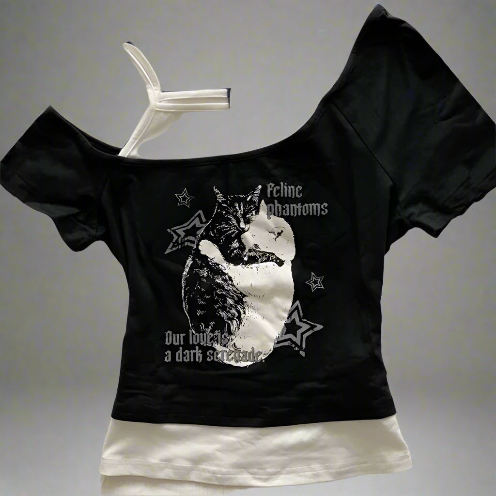 Starry Haunt Off-Shoulder Alt Crop Top Black Shoptery