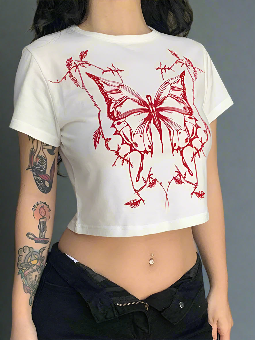 Crimson Thorn Butterfly Edgy Crop Top WHITE Shoptery