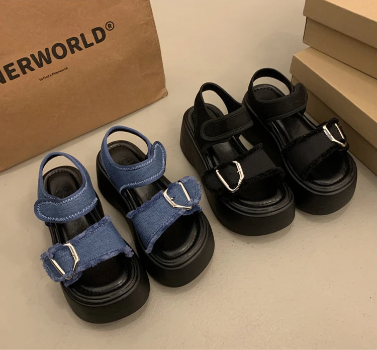 Aesthetic Y2k Denim Heart Buckle Sandals Shoptery