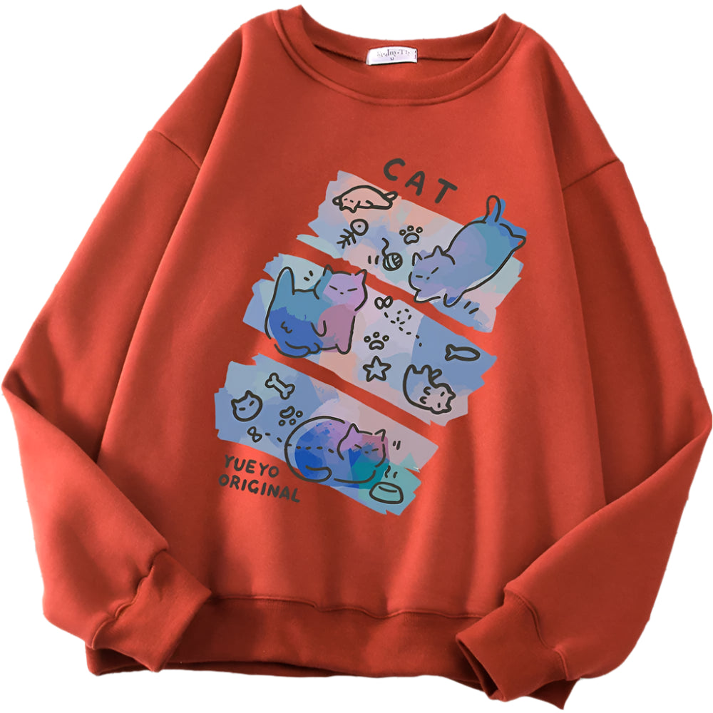 Pastel Meow Mix Kawaii Sweatshirt Brick Red Shoptery