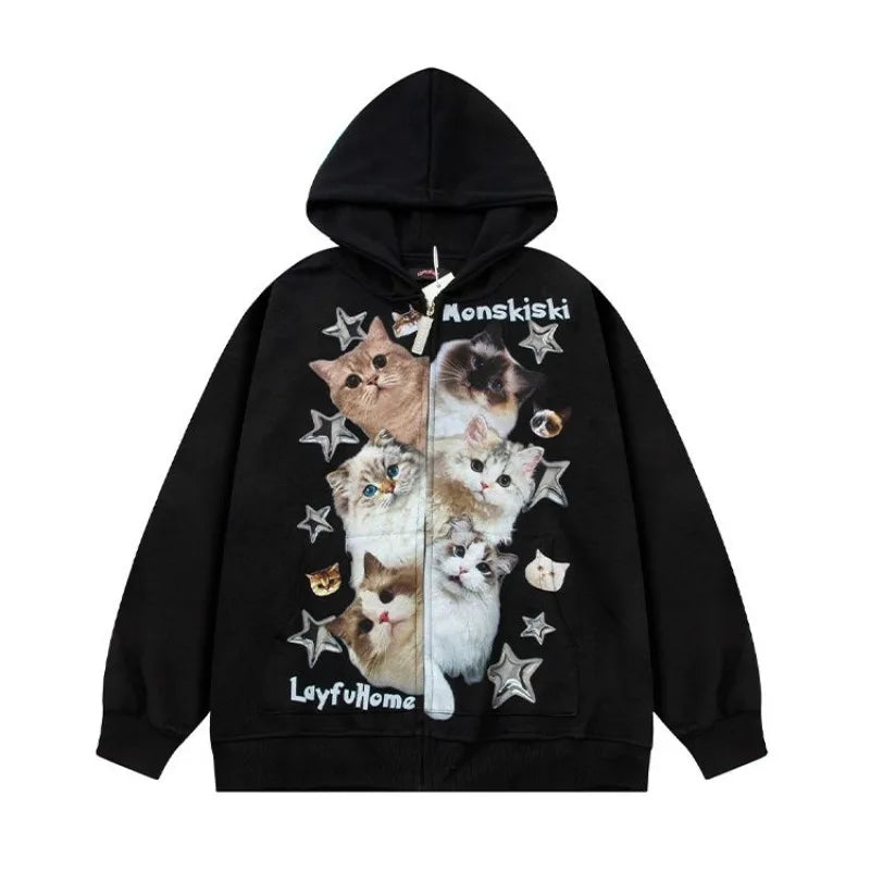 Meow Galaxy Zip Hoodie Black Shoptery