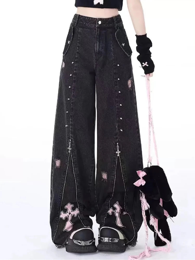 Fall Gothic Cross Flare Jeans Black Shoptery