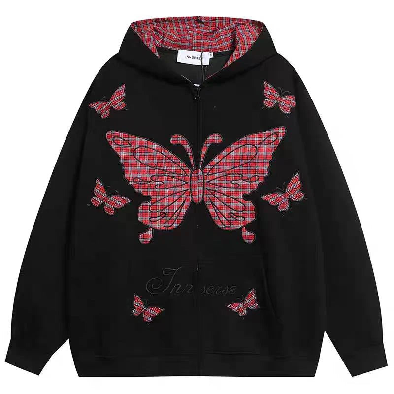 Grunge Flutter Zip-Up Hoodie Black Shoptery