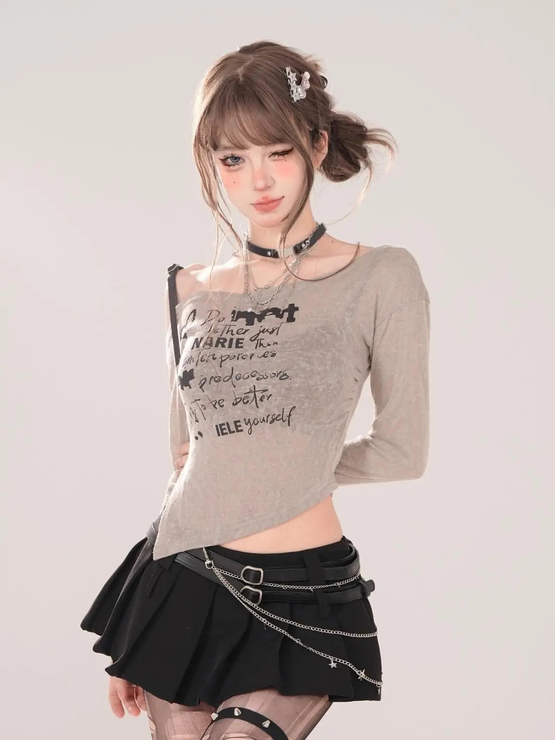 Broken Script Off-Shoulder Alt Long Sleeve Top oatmeal Shoptery