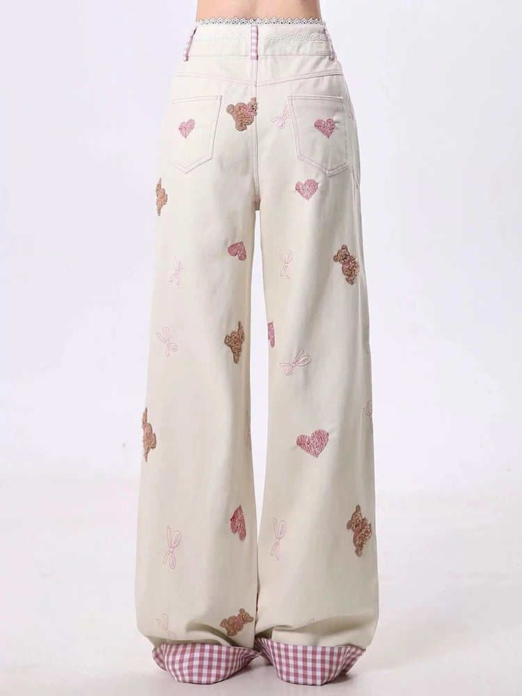 Kawaii Teddy Embroidered Wide Pants Shoptery