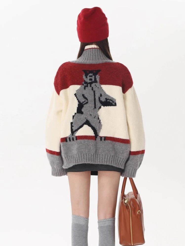 Abstract Retro Knit Zip-Up Cardigan Shoptery