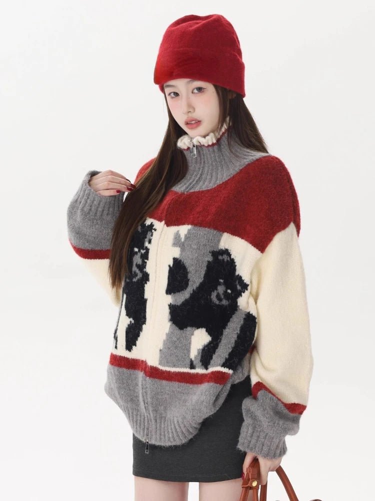 Abstract Retro Knit Zip-Up Cardigan Shoptery