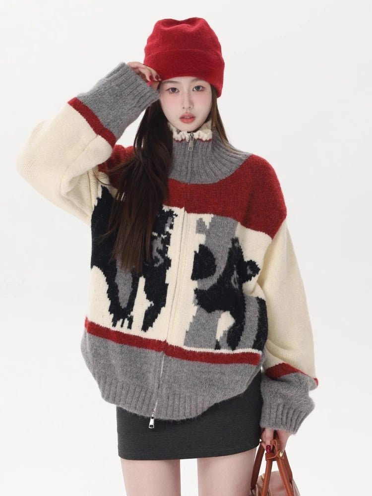 Abstract Retro Knit Zip-Up Cardigan Shoptery