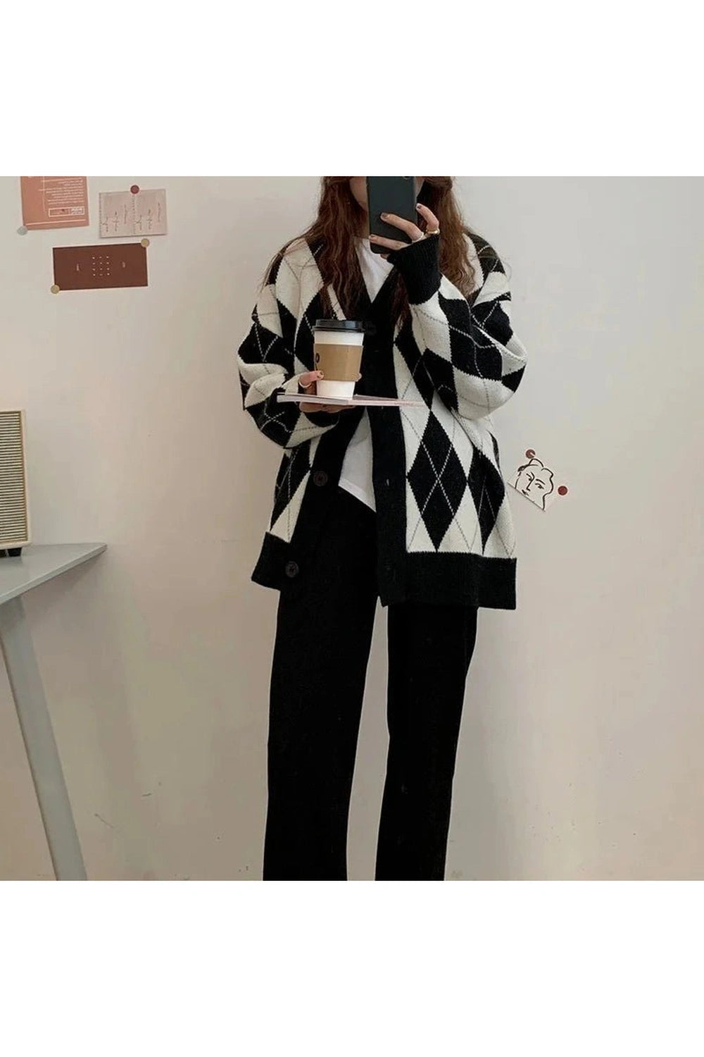 Retro Argyle Knitted Cardigan Shoptery