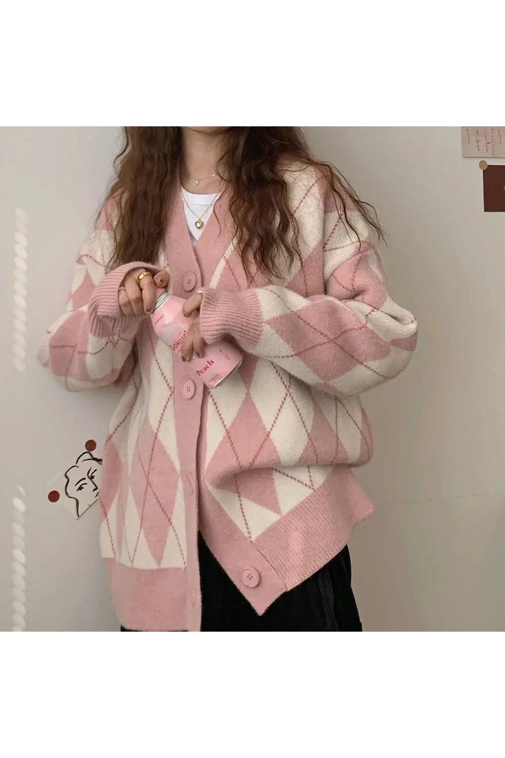 Retro Argyle Knitted Cardigan Pink One Size Shoptery