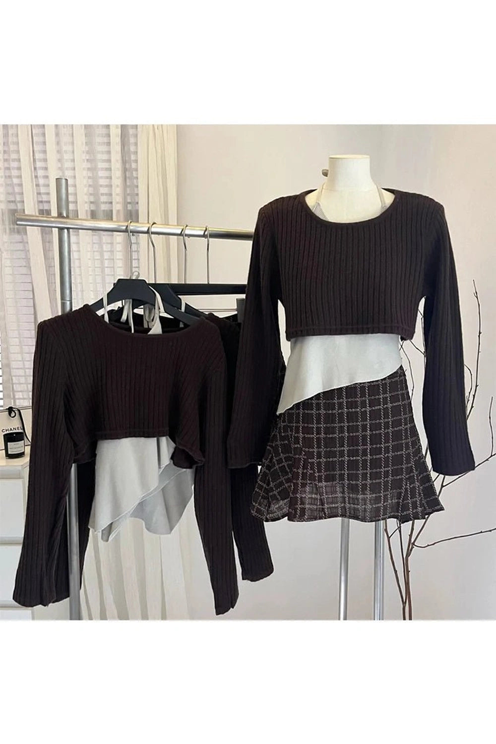 Retro Asymmetrical Layered Knit Outfit Set Shoptery