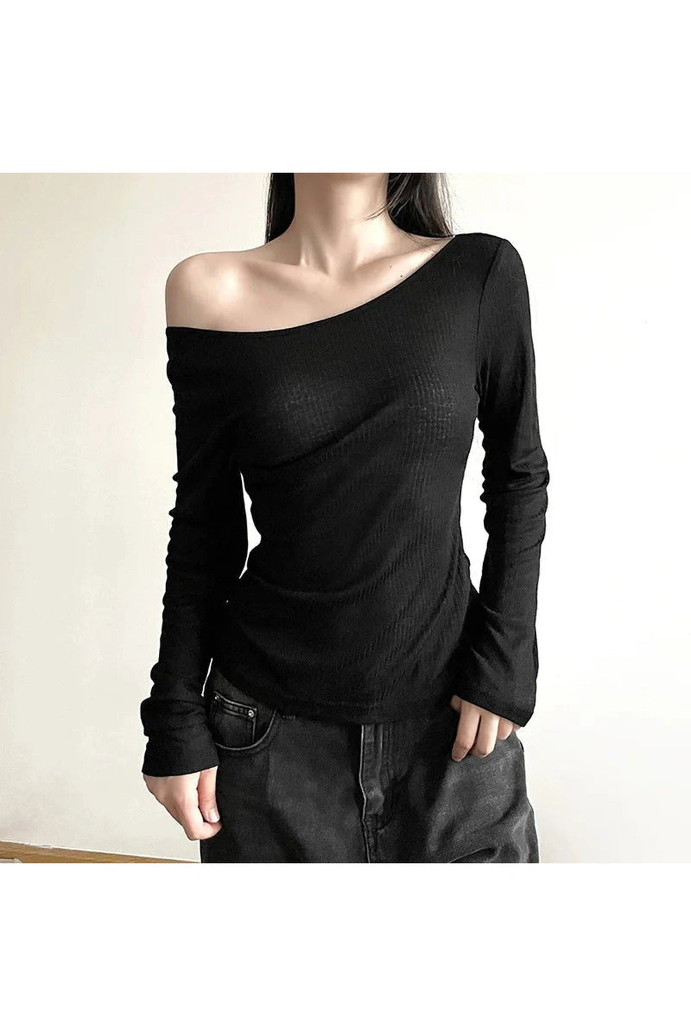 Aesthetic Black Off-Shoulder Ribbed Top Shoptery