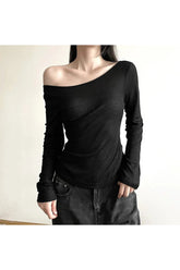 Aesthetic Black Off-Shoulder Ribbed Top Shoptery