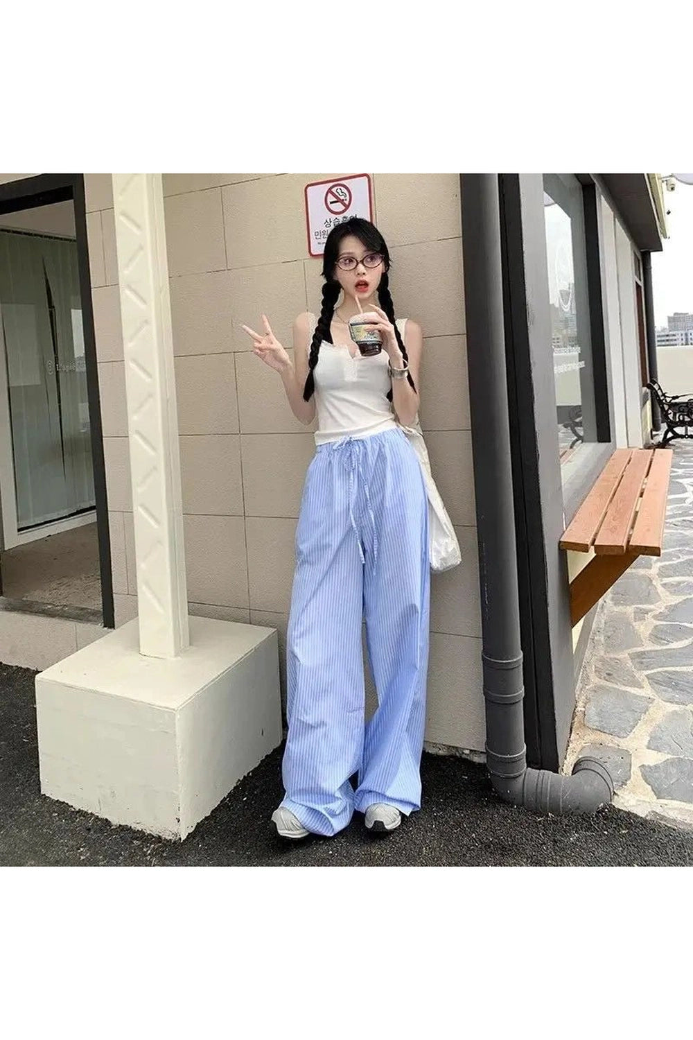 Retro Blue Stripe Wide Leg Pants Shoptery