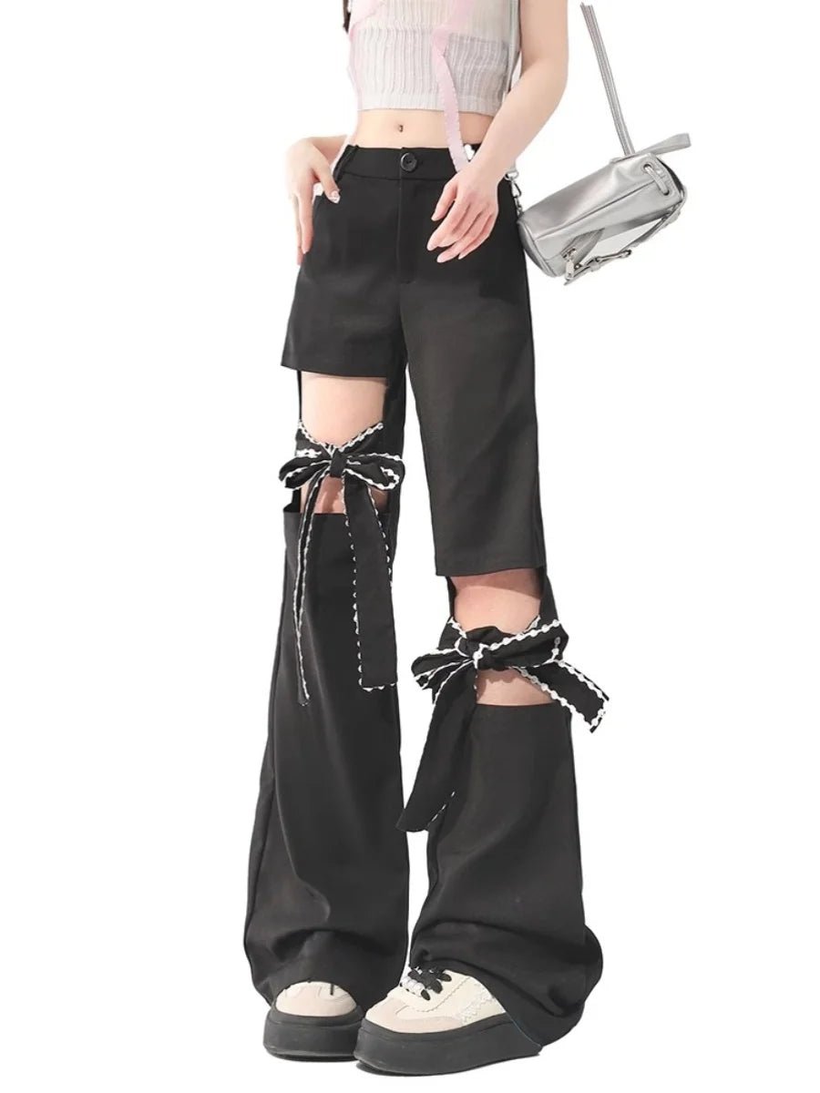 Kawaii Bow-Tied Cutout Layered Pants Shoptery