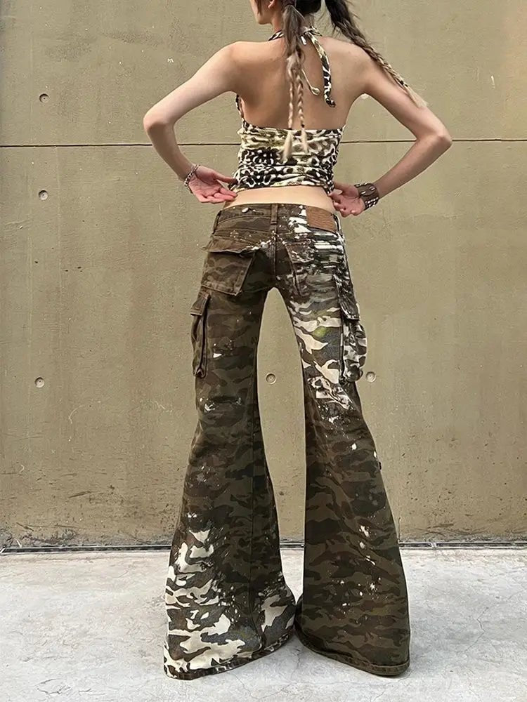 Camo Chaos Y2k Flare Pants Shoptery